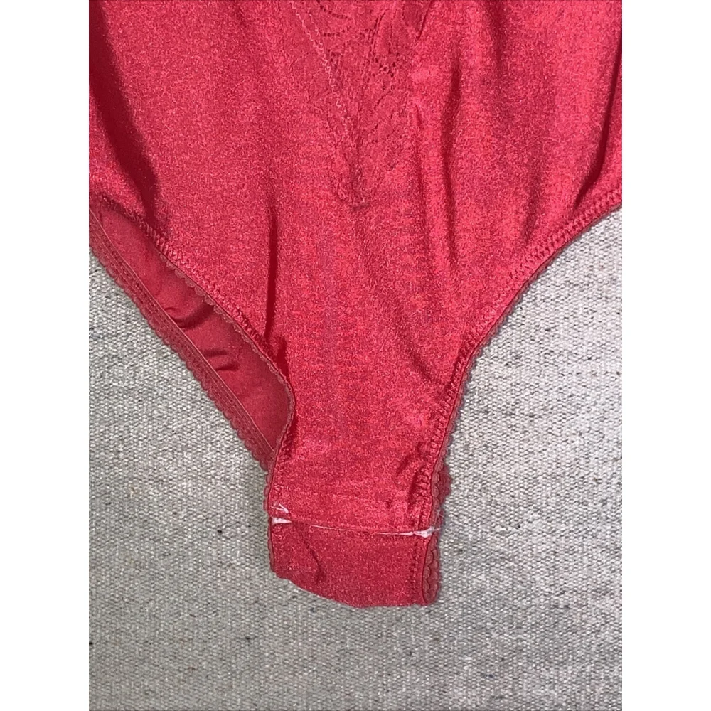 Vintage 70s Red Shiny Satin Second Skin Teddy Deep-V Lace Trim Straps Bodysuit S - Picture 4 of 11